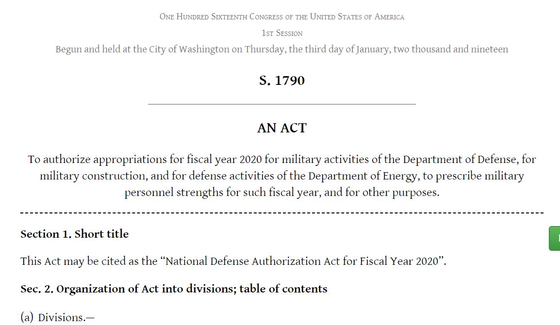 National Defense Authorization Act 2020 title page image