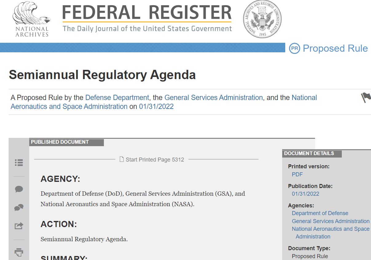 excerpt of Federal Register landing page for FAR Semiannual Regulatory Agenda